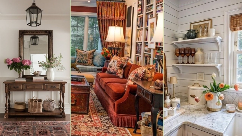Vintage English Cottage Decor with Fringe Velvet Sofa & Shiplap Walls