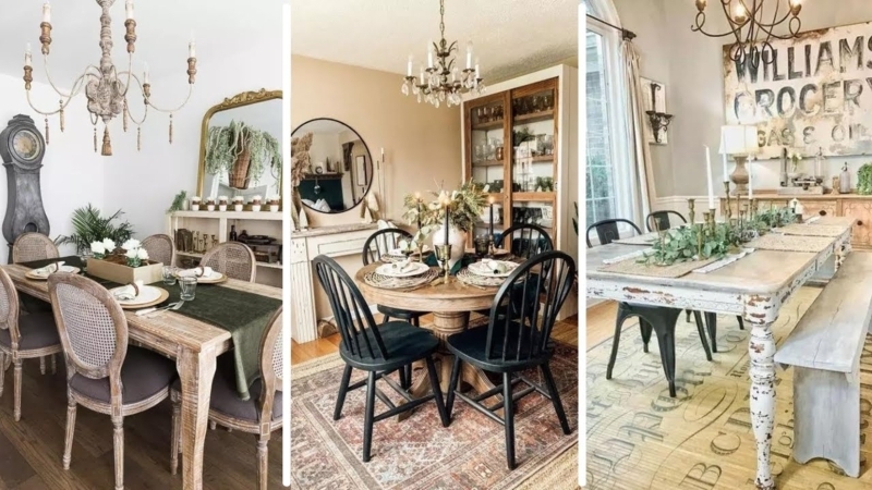 Vintage Farmhouse Dining Room with rustic wood and vintage signage.
