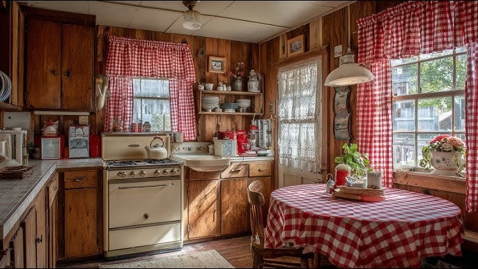 Vintage Farmhouse Kitchen Decor: Vertical Wood Walls and Red Gingham