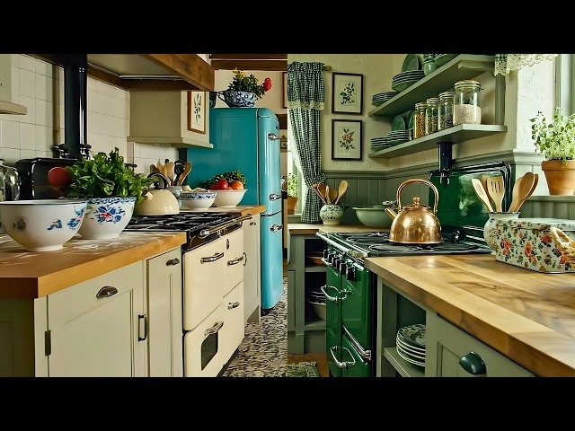 Vintage Farmhouse Kitchen Scene: Retro Blue Refrigerator & Butcher Block