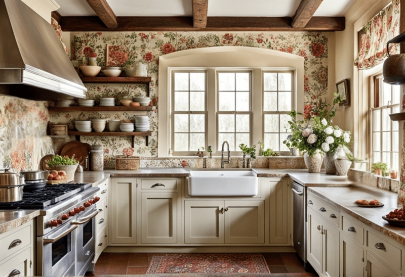 Vintage Floral Kitchen Design with Rustic Wood Beams and Shaker Cabinets