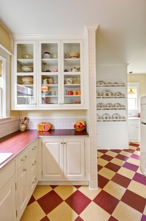 Vintage Kitchen Checkerboard Floor, Glass Front Cabinets, Plate Rack