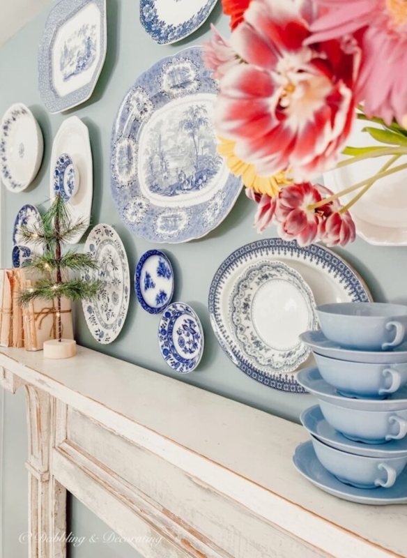 Vintage Plate Wall: Asymmetrical Gallery Display, Distressed Mantel Decor