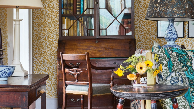 Vintage Secretary Desk Styling with Mustard Wallpaper