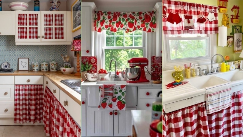 Vintage Strawberry Farmhouse Kitchen with Sink Skirt and Gingham