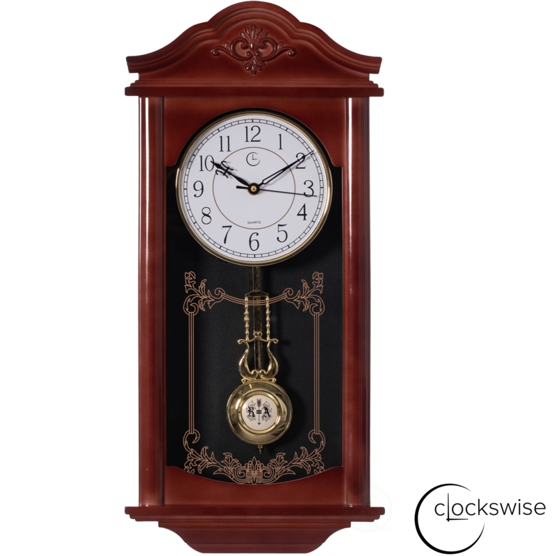 Vintage Style Brown Wall Clock with Arched Pediment & Lyre Pendulum
