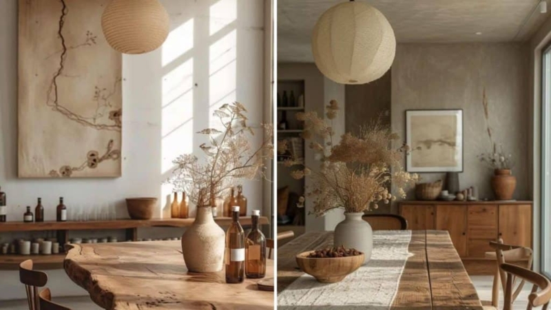Wabi-Sabi Dining Room Decor Paper Lantern Shade Live Edge Table