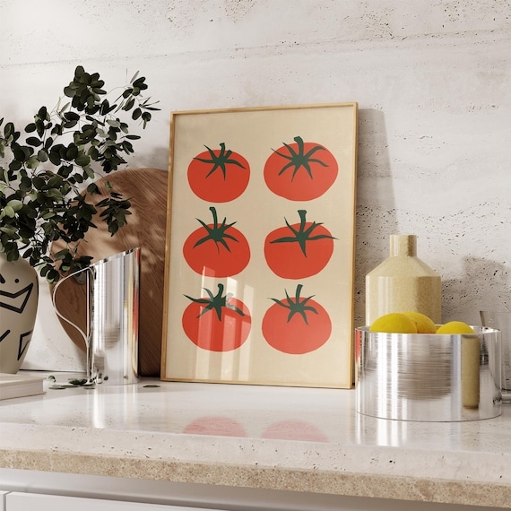 Wall Art Framed Retro Tomato Graphic Travertine Backsplash Setting