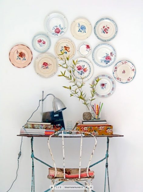 Wall Art: Mismatched Floral Plate Gallery, Distressed Metal Workspace Accent