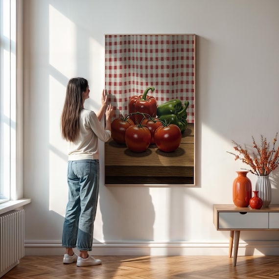 Wall Art Oversized Framed Vegetable Still Life Checkered Backdrop