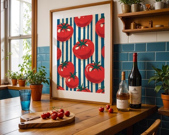Wall Art Retro Tomato Graphic Print Teal Backsplash Contrast Eclectic