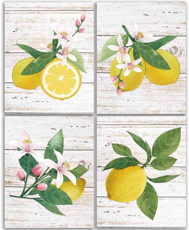 Wall Art Set Botanical Lemon Motif Distressed Wood Background