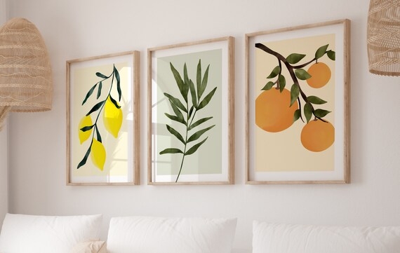 Wall Art Set Citrus Botanical Gallery Light Wood Frames Boho