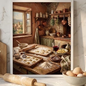 Wall Art: White Framed Print with Italian Pasta Making Illustration Theme