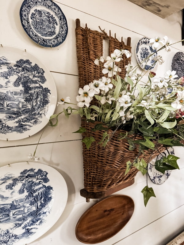 Wall Basket: Vintage Woven Grape Hod, Blue Transferware Plates, Farmhouse