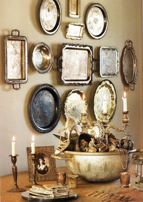 Wall Decor: Mismatched Tarnished Metallic Tray Gallery, Eclectic Vintage Style