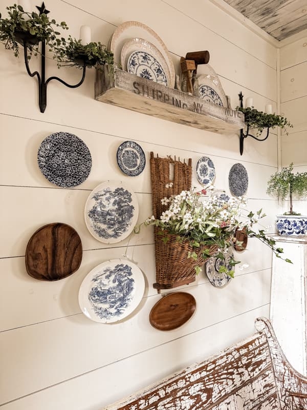 Wall Display: Blue and White Plates, Wall Mounted Shelf, Rustic Cottagecore