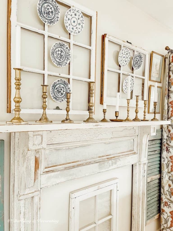 Wall Display: Salvaged Window Mantel Decor with Antique Brass Candlesticks