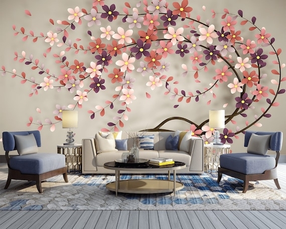 Wall Mural Blue Accents Floral Tree Wall Mural Contemporary Style