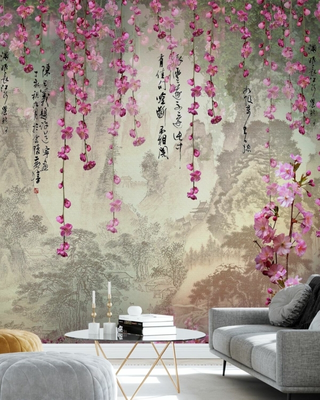 Wall Mural Cascading Floral Design, Calligraphy Accents, Serene Style