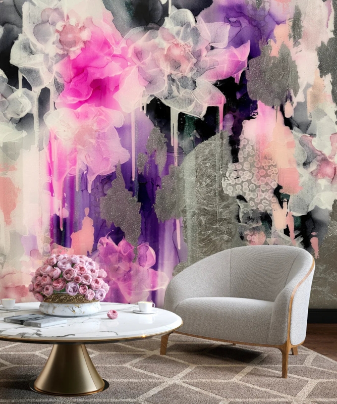 Wall Mural Oversized Blooms, Watercolor Drip Detail, Dramatic Glam Style