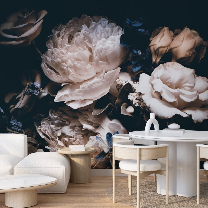 Wall Mural Oversized Peony Pattern, Dark Background Contrast, Dramatic
