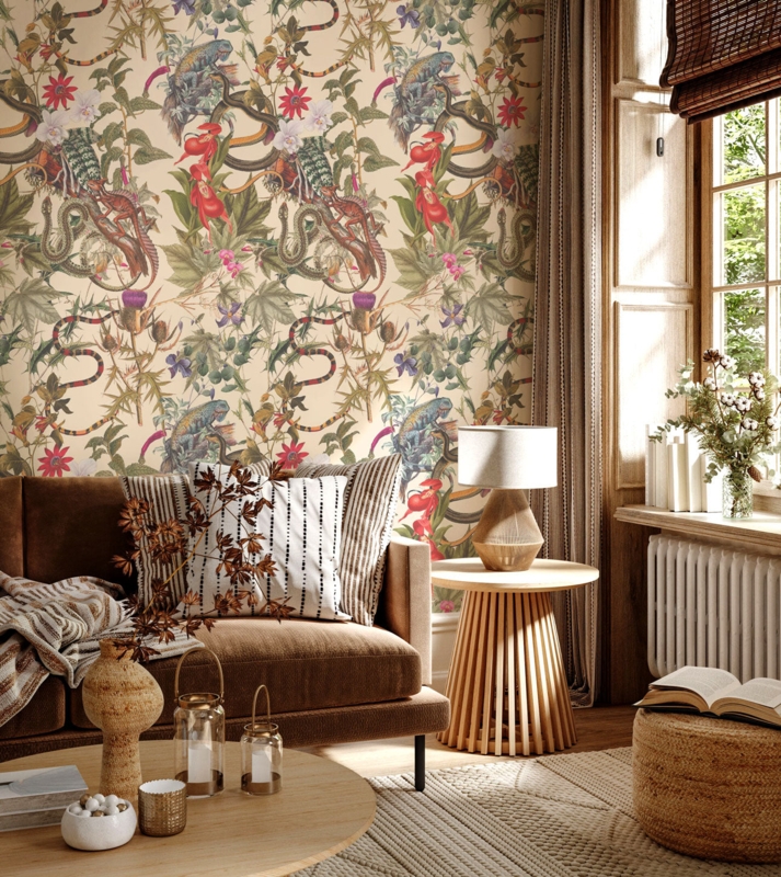 Wall Mural Snake Pattern Mural, Slatted Wood Side Table, Jungle Theme