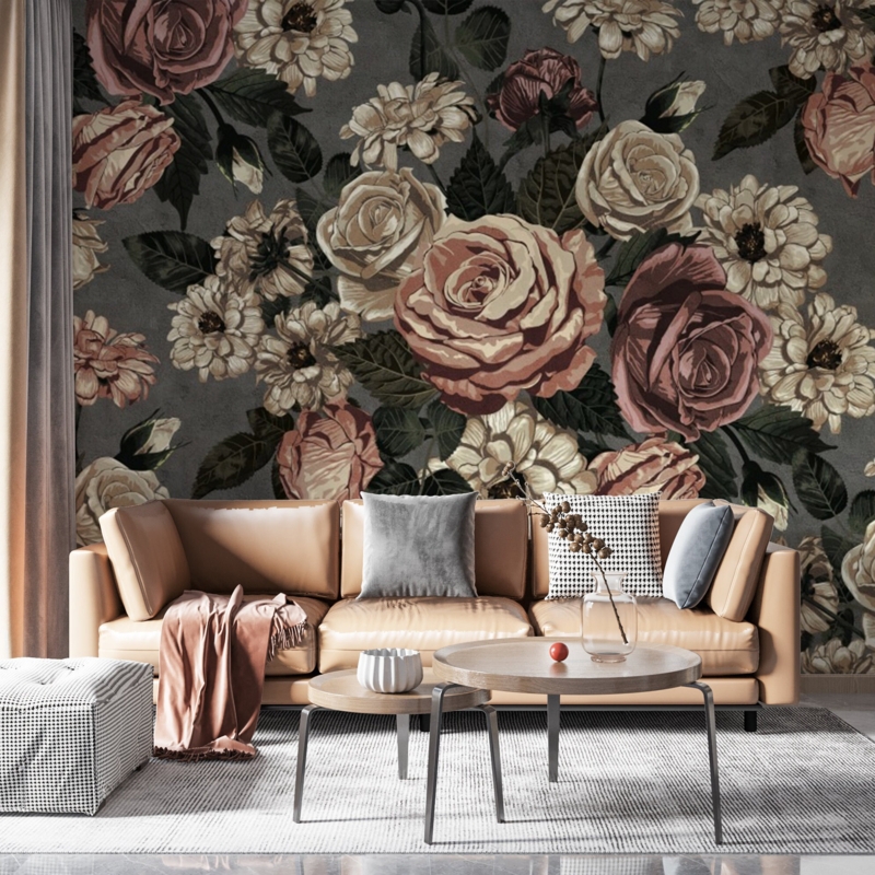Wall Mural Vintage Aesthetic Tan Leather Look Sofa Moody Floral Styling
