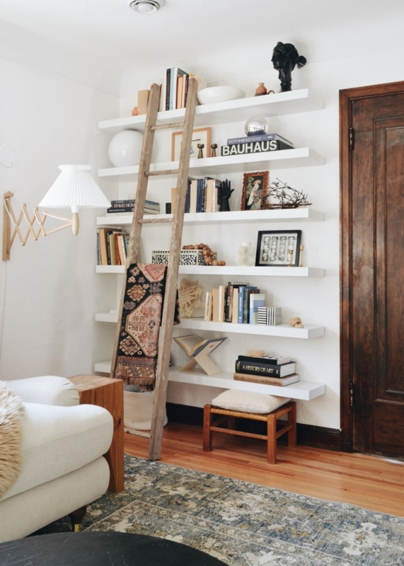 Wall Shelves Library With Leaning Ladder Accordion Lamp