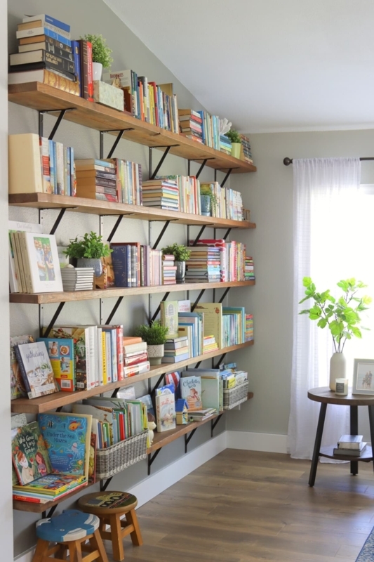 Wall Shelving Industrial Brackets Wood Planks Library Ideas