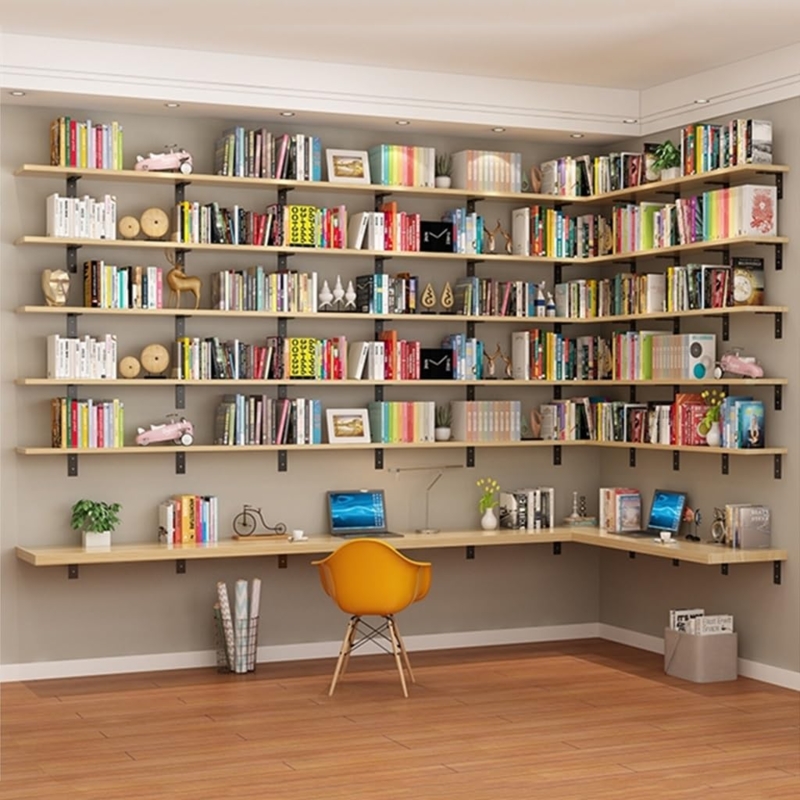 Wall Shelving Unit Integrated Desk L-Shaped Home Office
