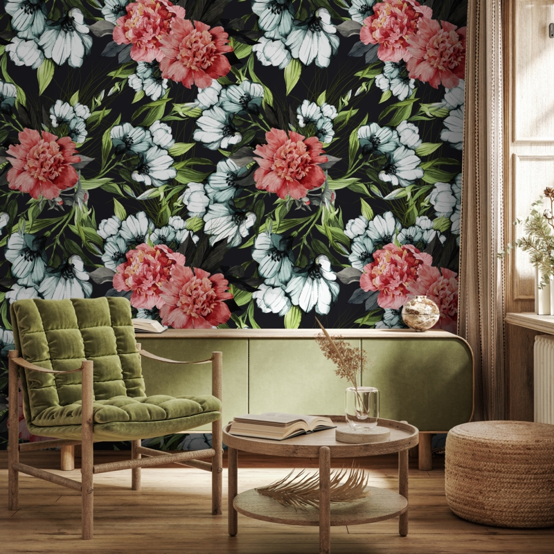 Wallpaper Black Background, Tufted Velvet Seating, Moody Vintage Floral
