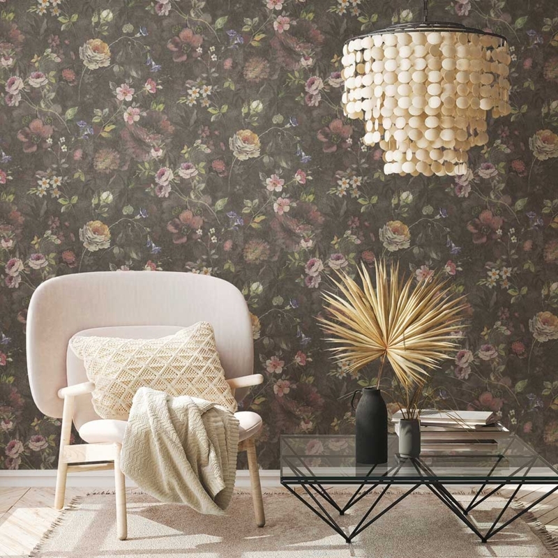 Wallpaper Disc Tiered Chandelier, Dark Floral Backdrop, Vintage Style