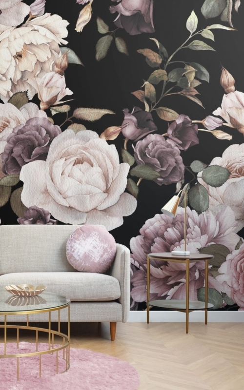 Wallpaper Gold Metal Accents, Oversized Botanical, Dark Floral Feature Wall