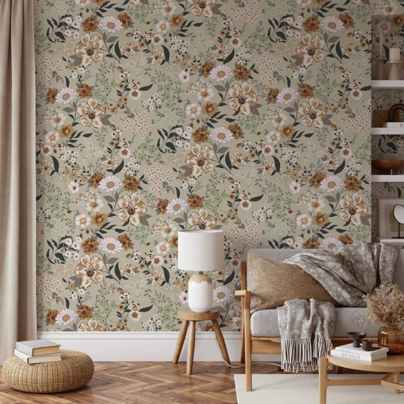 Wallpaper Herringbone Floor Contrast, Earth Tone Botanical, Cozy Vintage