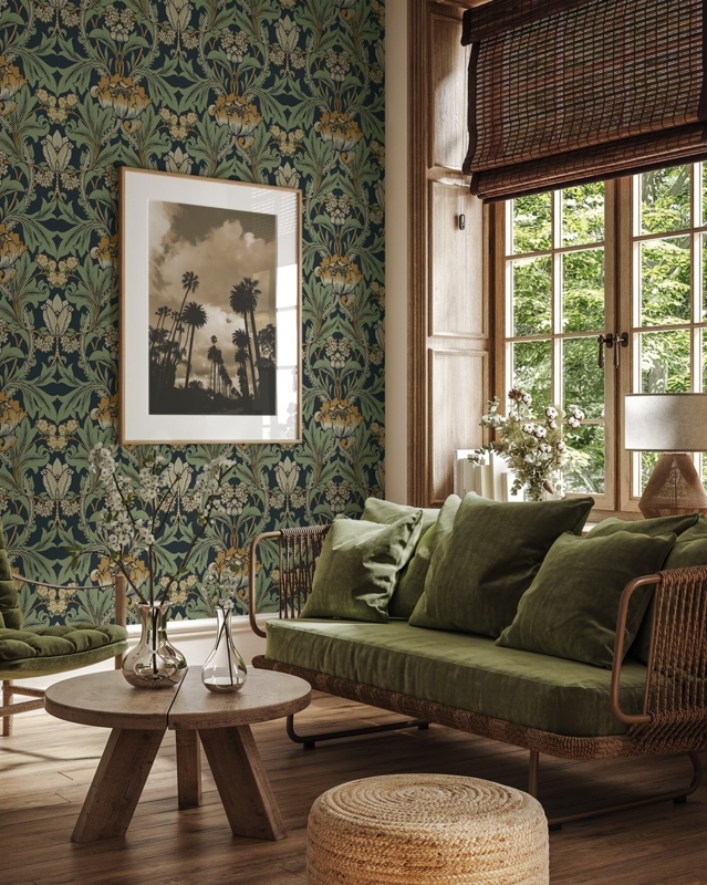 Wallpaper Moody Botanical Wallpaper Living Room, Rattan Frame Sofa