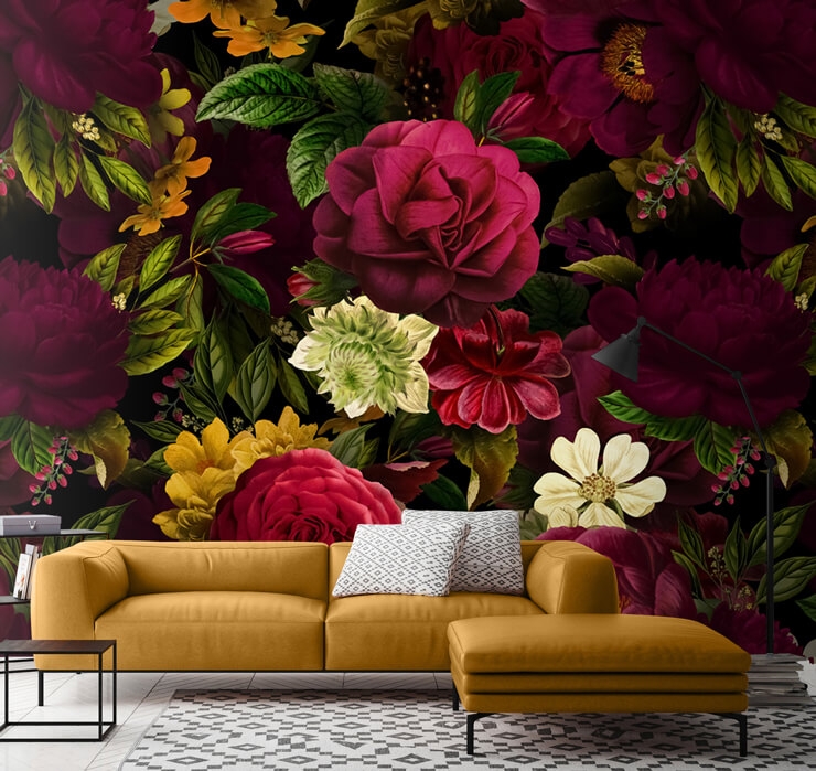 Wallpaper Mustard Yellow Sofa, Dark Floral Mural, Maximalist Modern Style