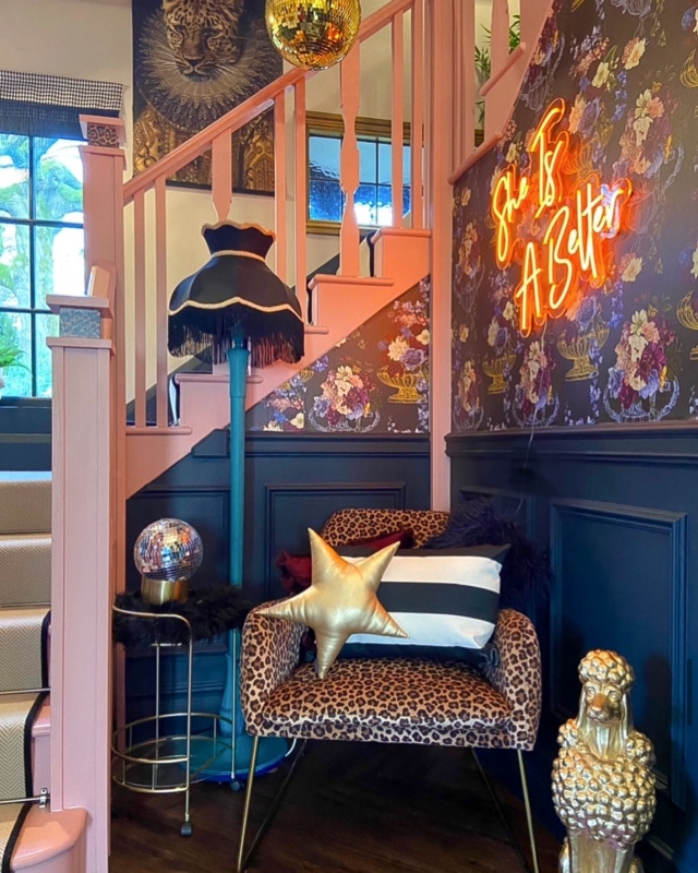 Wallpaper Pink Staircase, Dark Botanical Wallpaper, Maximalist Hallway