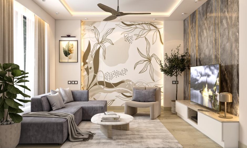 Wallpaper Stone Wall Panels, Floral Mural, Mixed Textures, Cozy Style