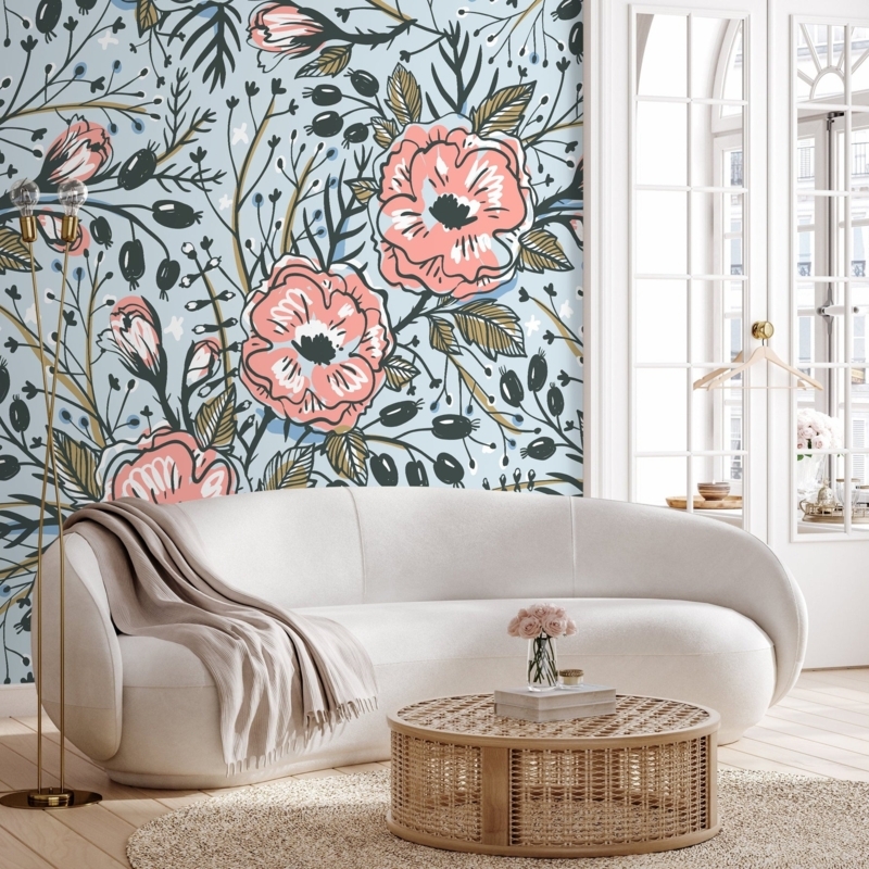 Wallpaper Stylized Poppies, Curved Sofa Silhouette, Whimsical Boho Chic