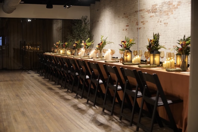 Warm Amber Glassware Party Decor: White Exposed Brick Dining Room