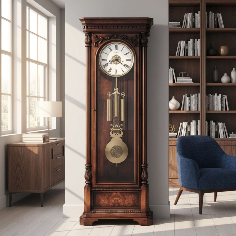 Warm Wood Grandfather Clock with Ornate Carvings in Library