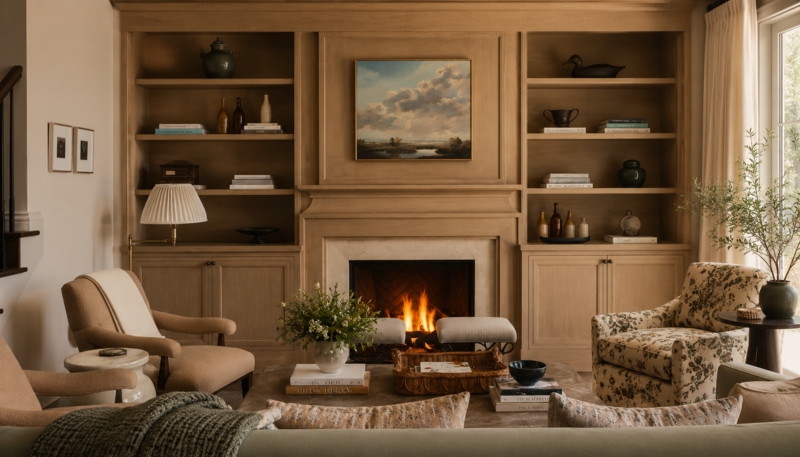 Warm Wood Paneled Living Room with Built-in Bookshelves