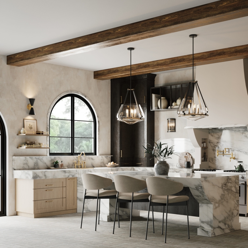 Waterfall Marble Island Inspiration: Rustic Beams & Arched Windows