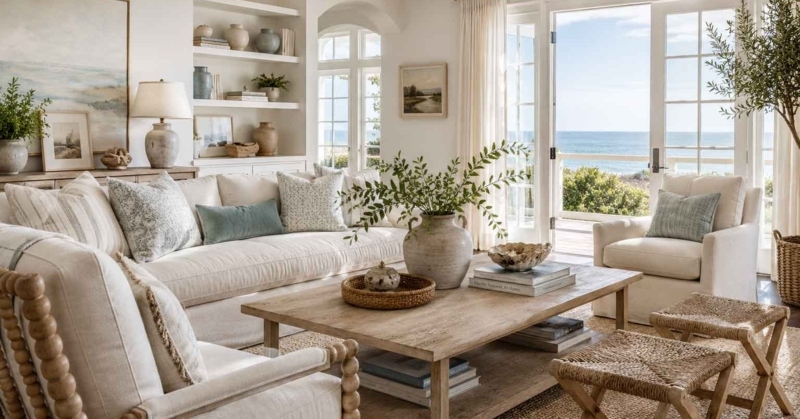 Weathered Wood Coffee Table in Coastal Living Room with Ocean View