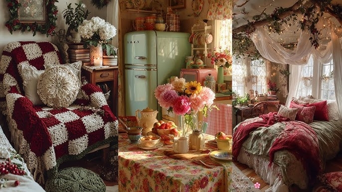Whimsical Cottagecore Decor: Branch Canopy Bed & Retro Mint Fridge