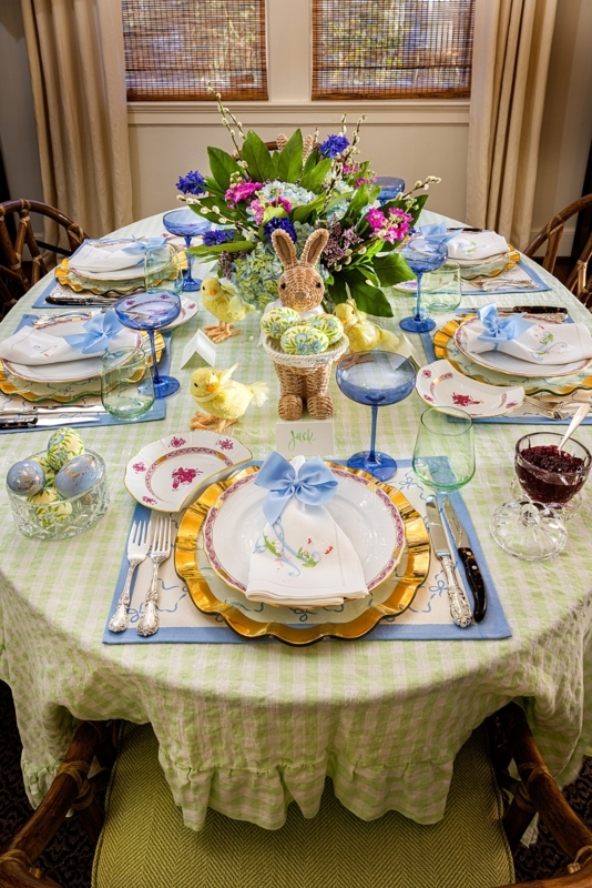 Whimsical Table Setting Green Gingham Tablecloth Woven Bunny