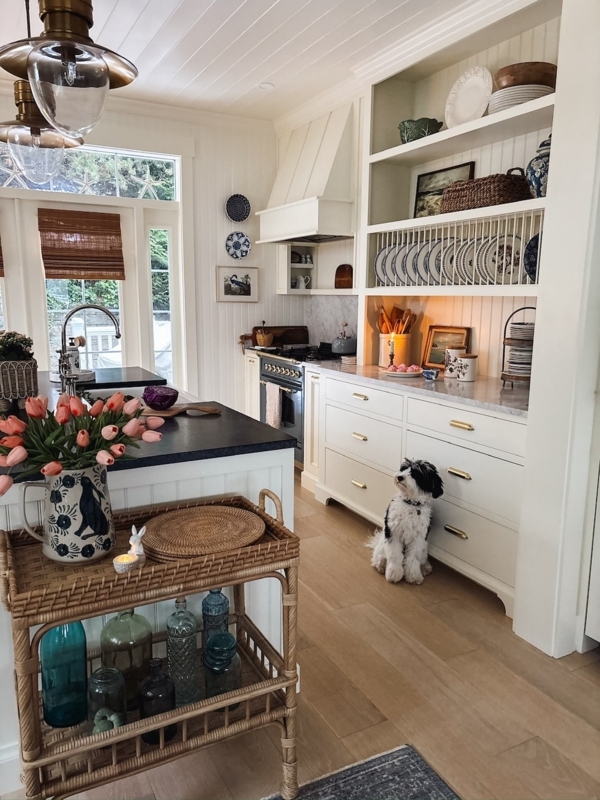 White Beadboard Kitchen Walls With Rattan Bar Cart