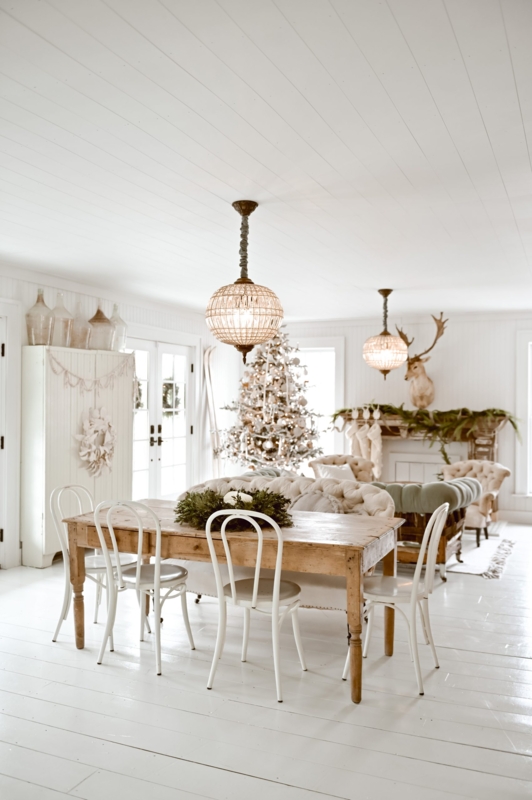 White Farmhouse Dining Room with beaded globe pendants.