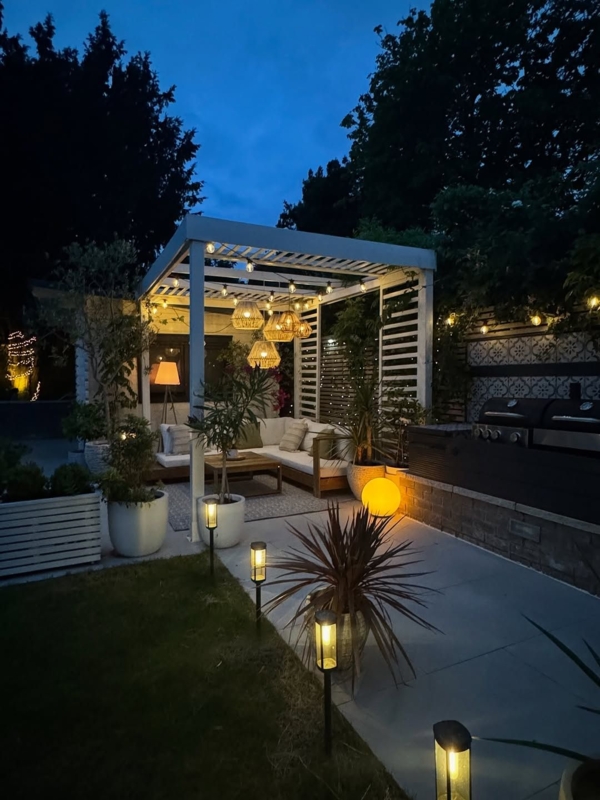 White Pergola with Wicker Pendant Lights for Cozy Lounge Ideas